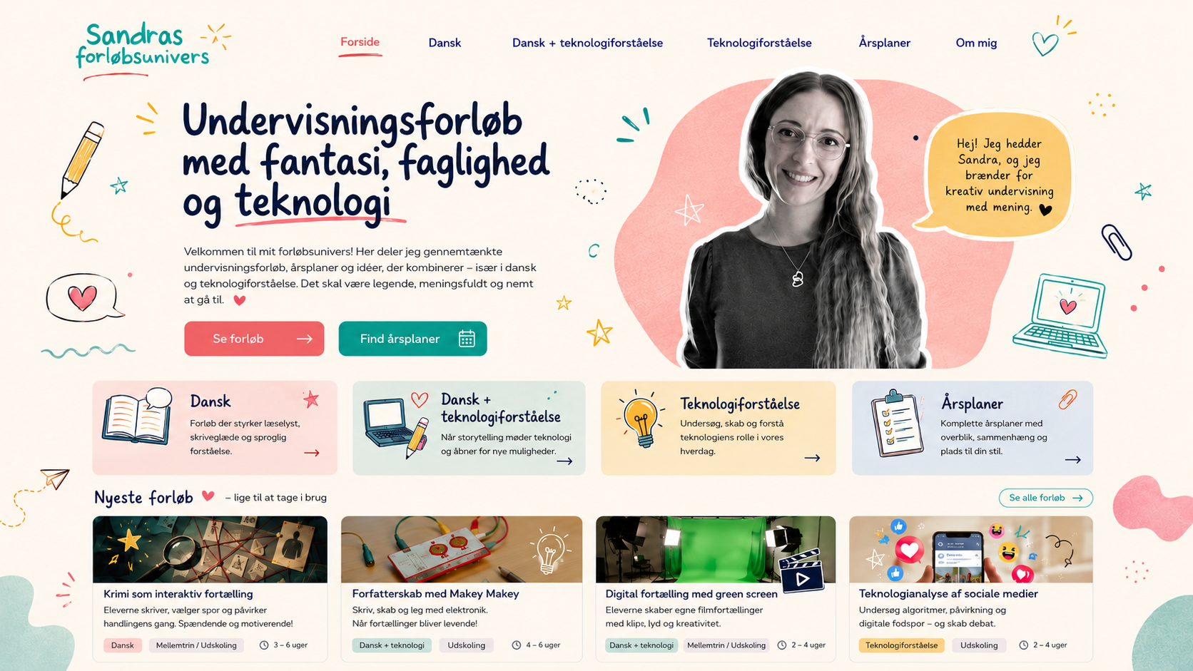 Sandras forløbsunivers med undervisningsforløb, fagområder, årsplaner og nyeste forløb.
