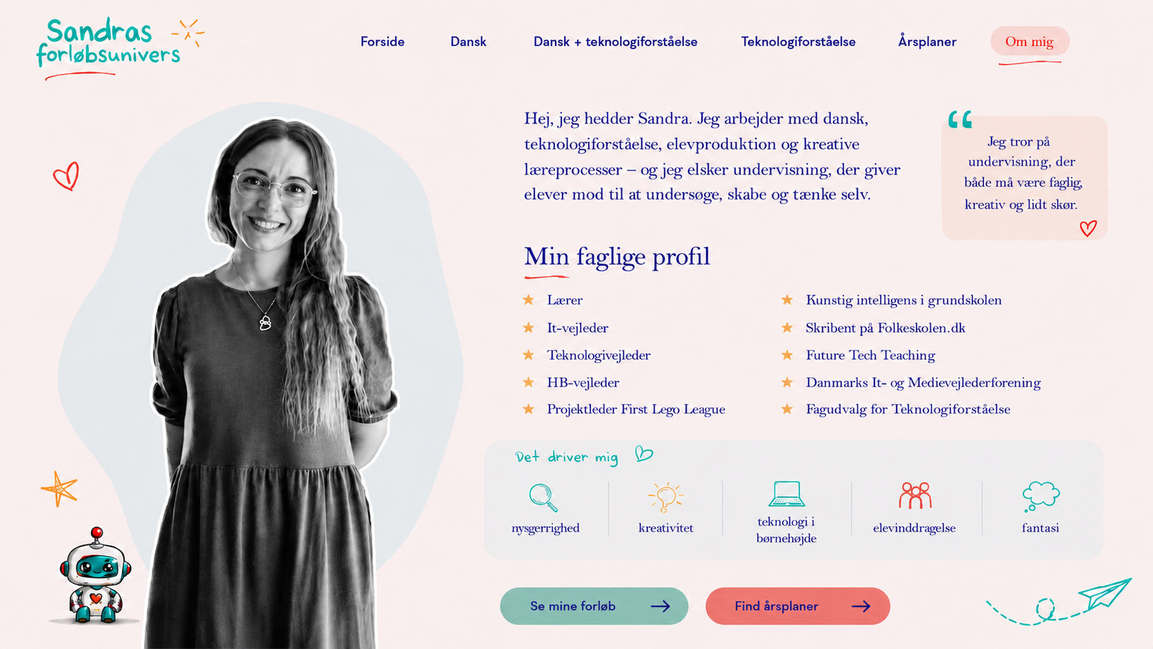 Om mig-side for Sandras forløbsunivers med portræt, faglig profil og værdier.